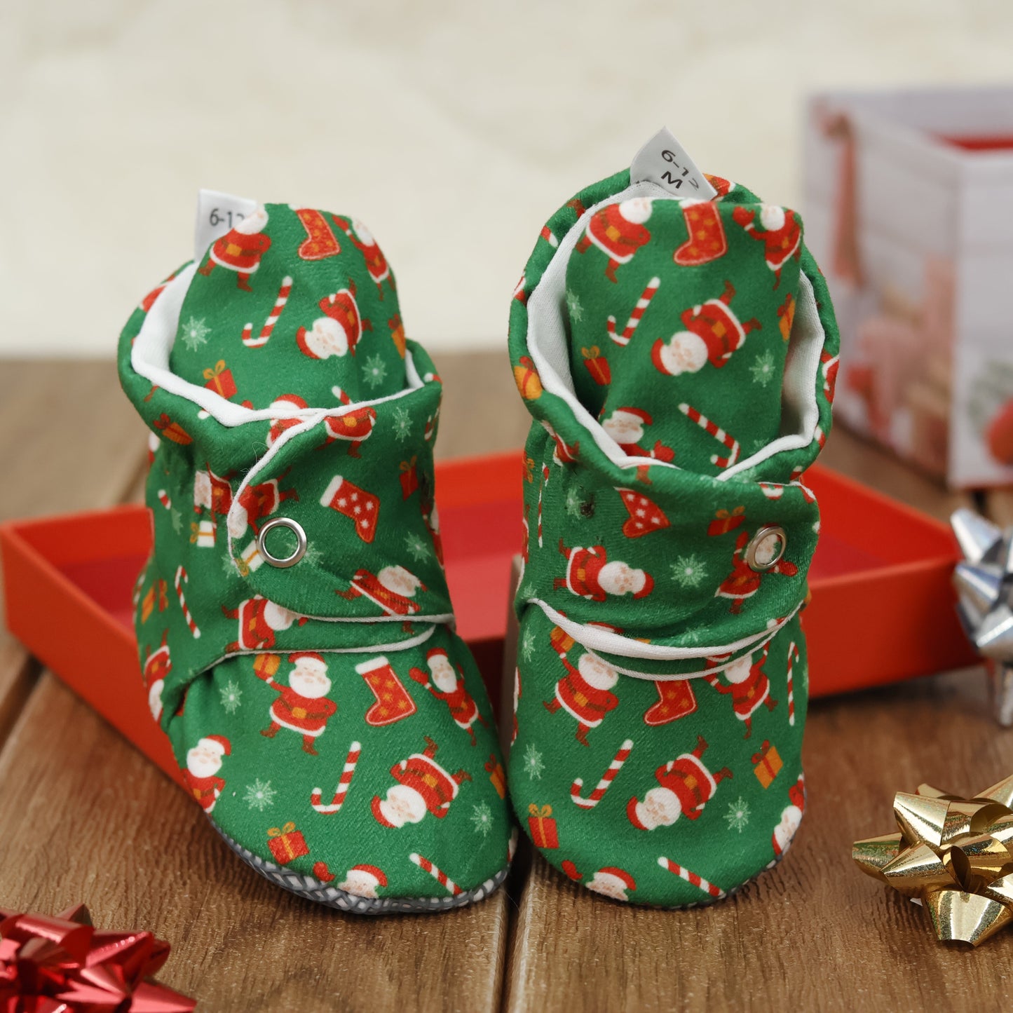 Organic Cotton Baby Booties, Non-Slip Sole, Cotton Newborn Booties Home Nursery Shoes, Santa Claus