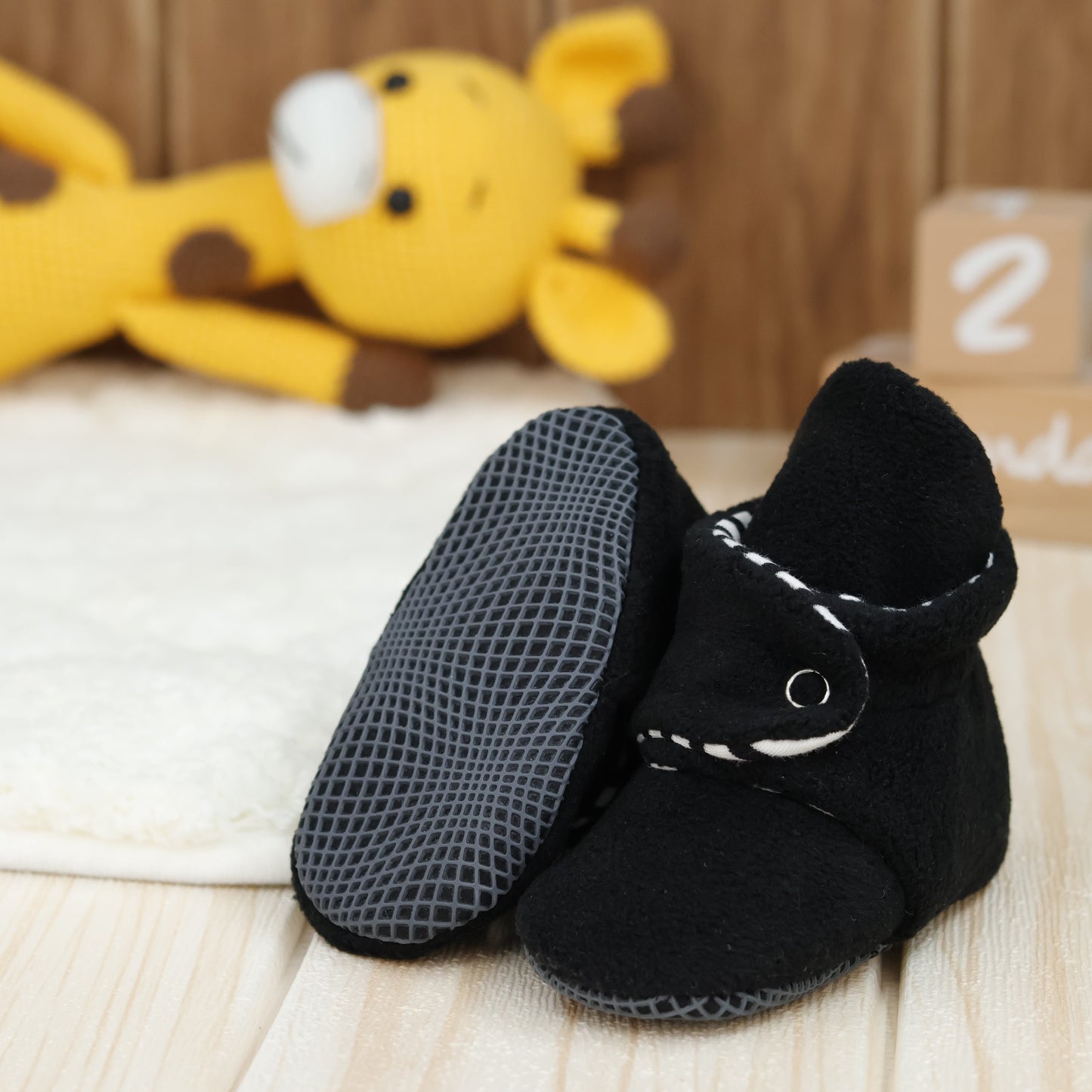 Anti-Slip Sole, Fleece Baby Booties, Newborn Home Booties, Sweat Proof Organic Cotton Lining, Black