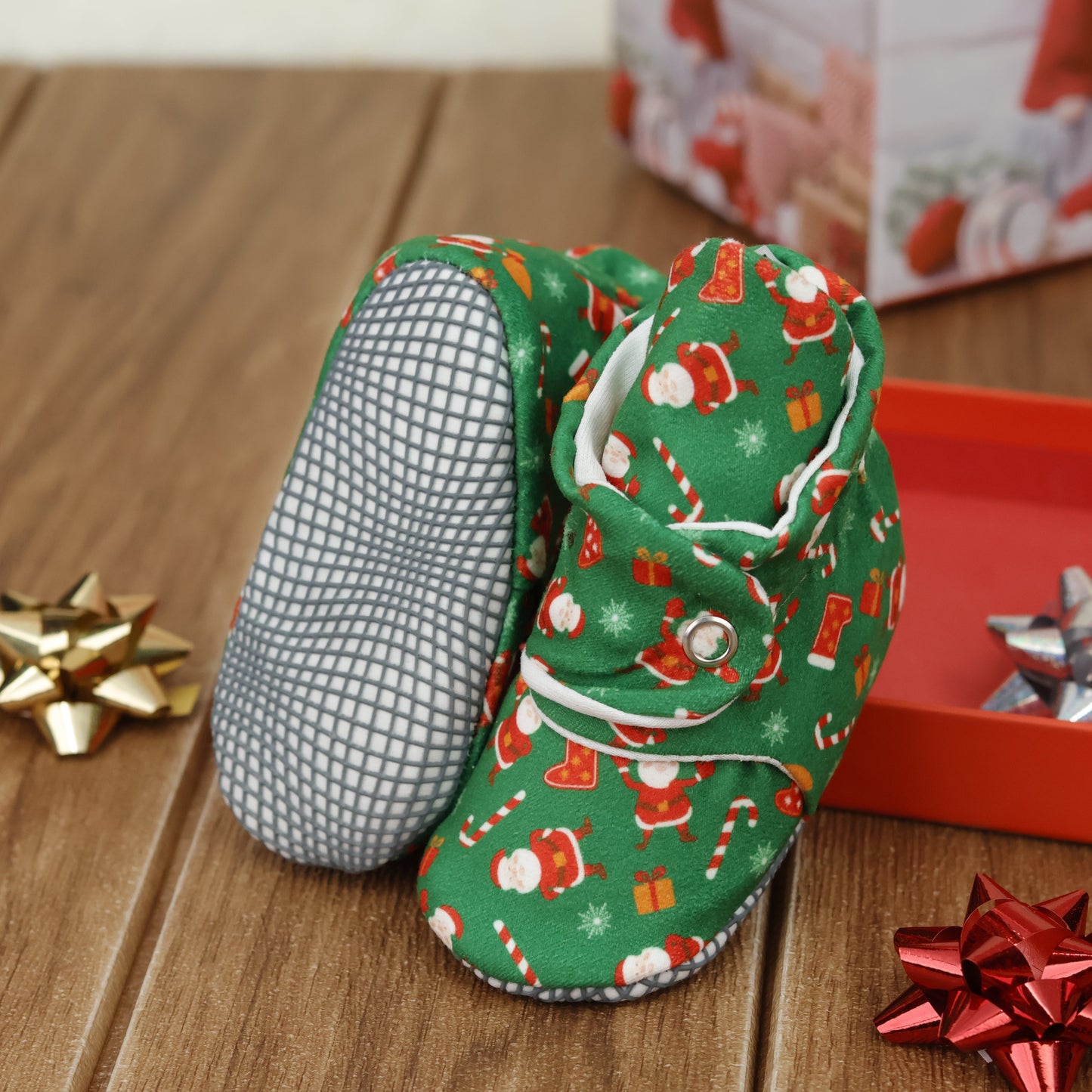 Organic Cotton Baby Booties, Non-Slip Sole, Cotton Newborn Booties Home Nursery Shoes, Santa Claus
