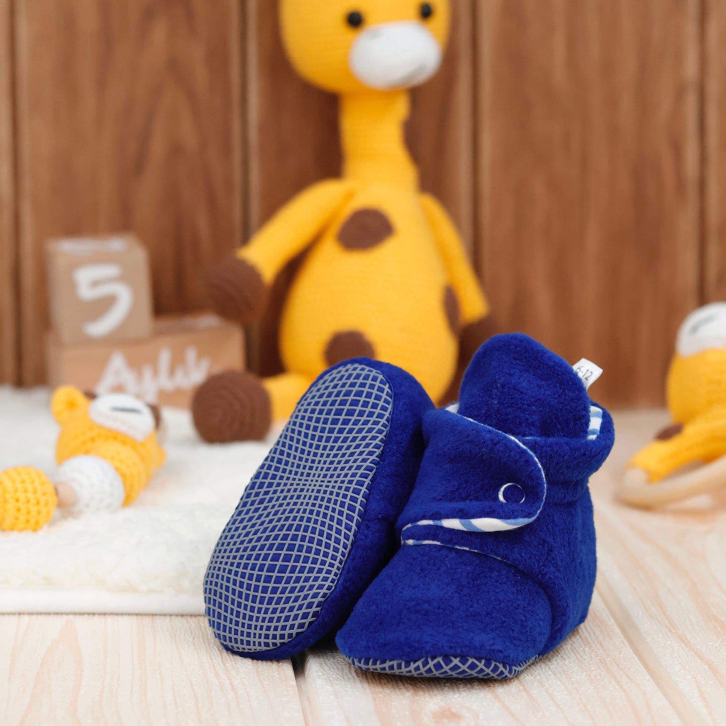 Anti-Slip Sole, Fleece Baby Booties, Newborn Home Booties, Sweat Proof Organic Cotton Lining, Navy Blue